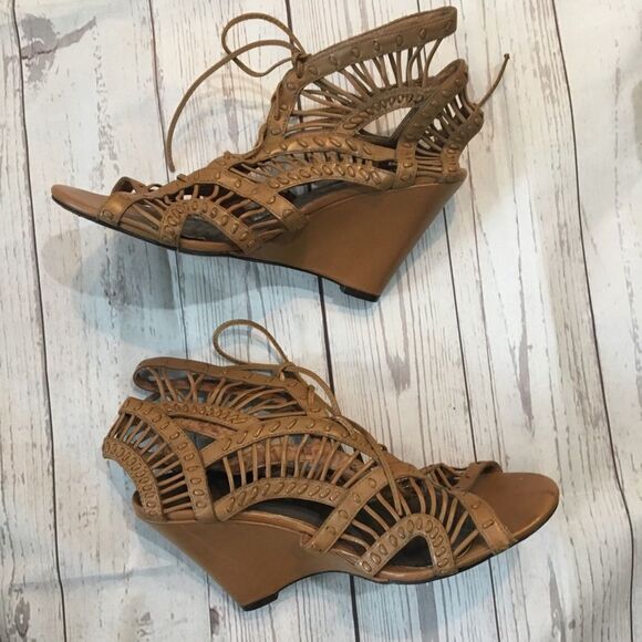 JOIE Tan Leather Gladiator Lace-Up Woven Wedge Sandals - Picture 2 of 8